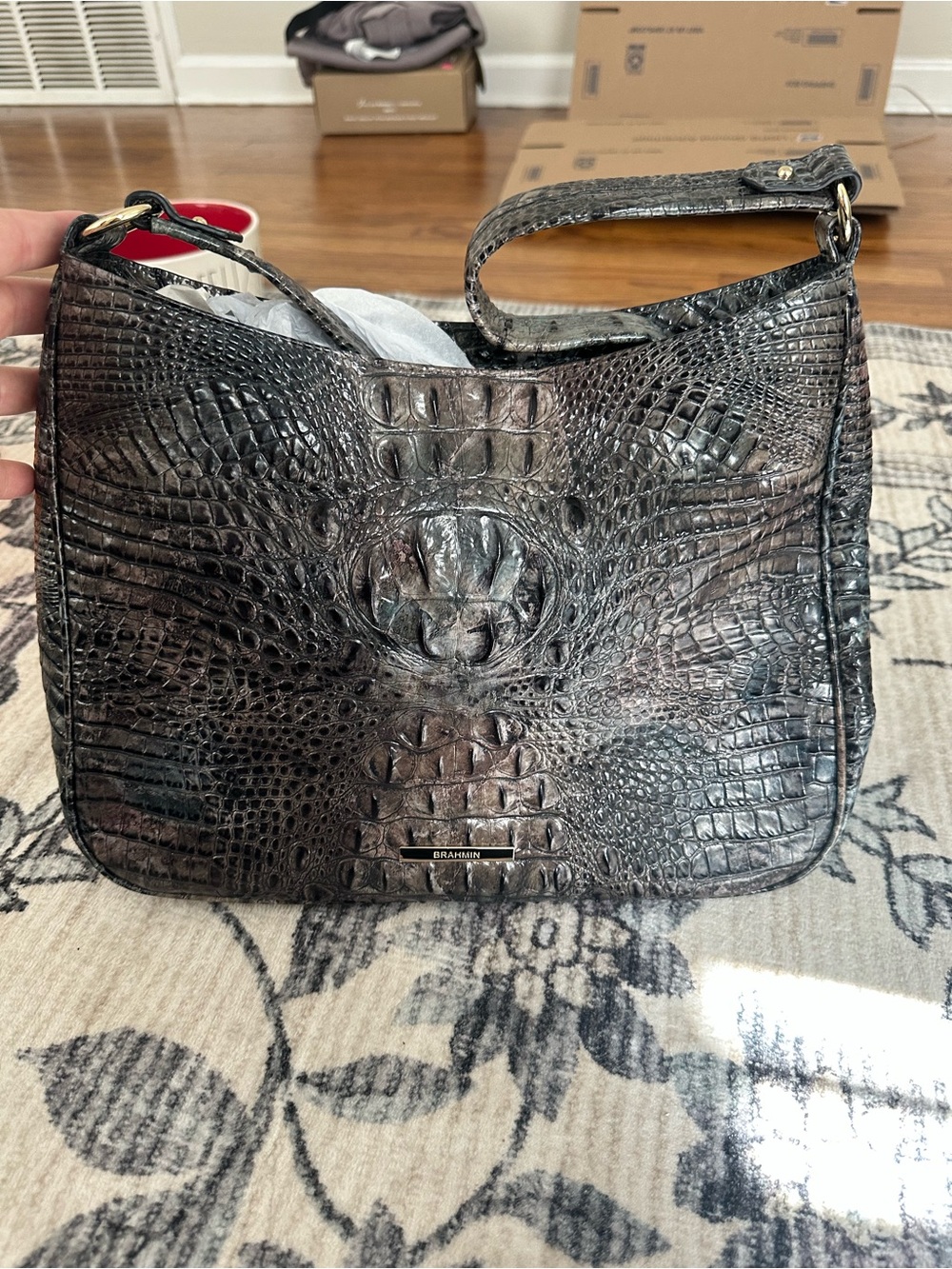 Brahmin Dark Gray Croc-Embossed Shoulder Bag